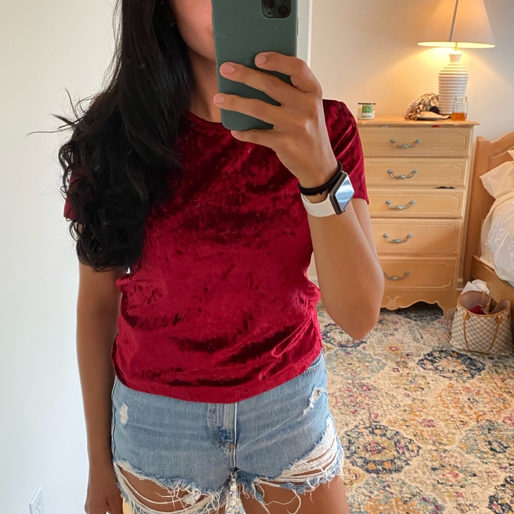 Deep Red Crushed Velvet Top, Size Small. NWT